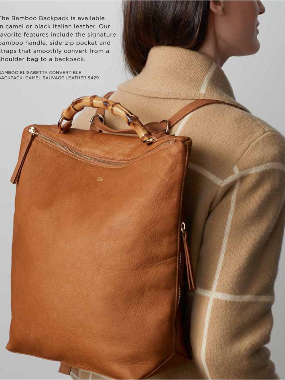 Mark & Graham Italian Leather Backpack Tote Bamboo Handle Camel Brown